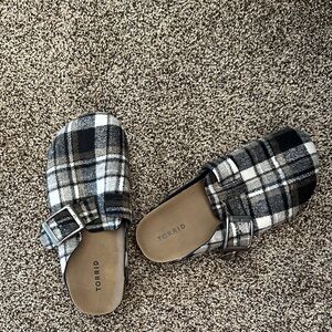 Torrid Black & White Plaid Buckle Mules